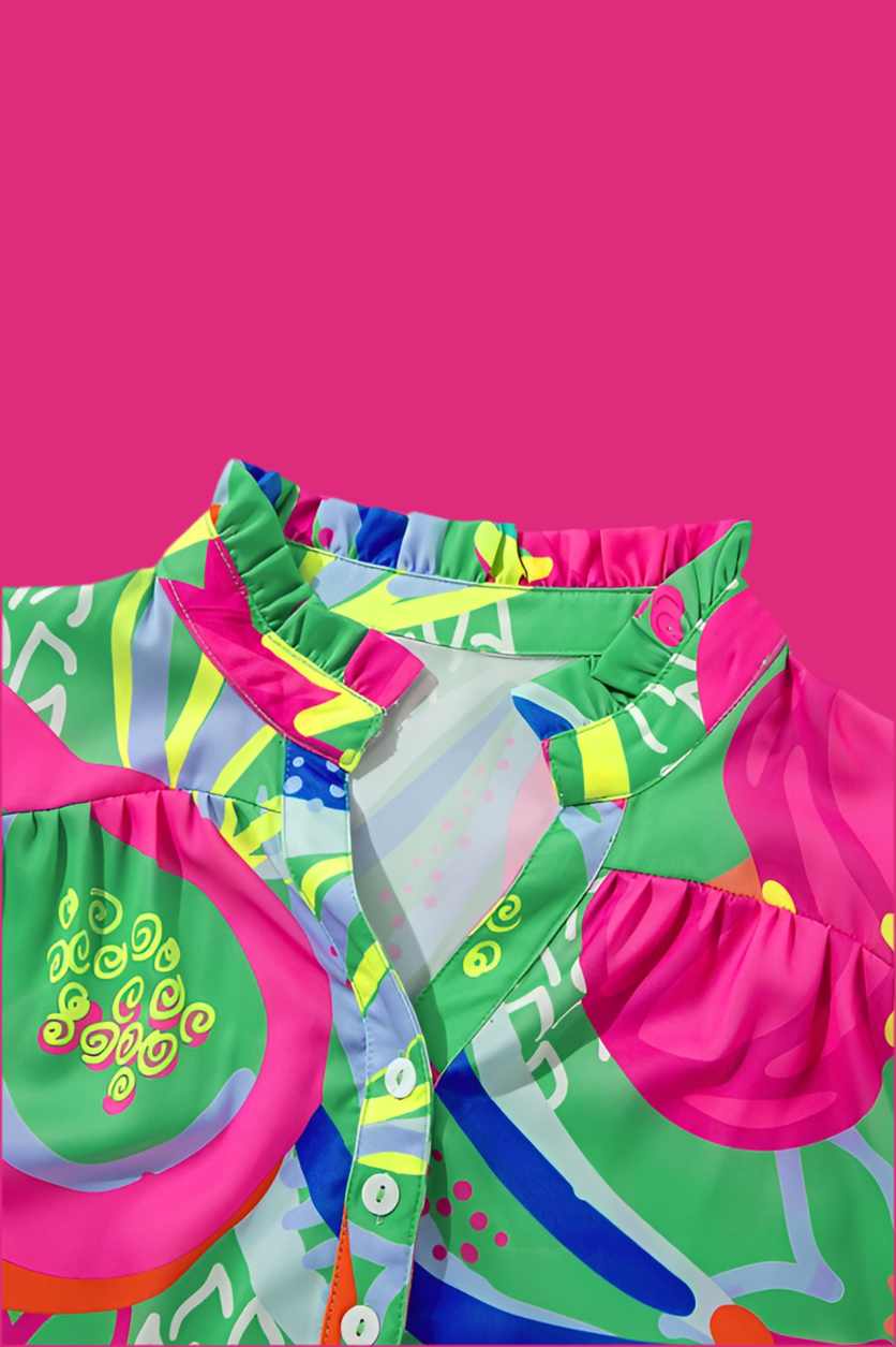 Abstract Ruffled Sleeve Buttoned V Neck Blouse